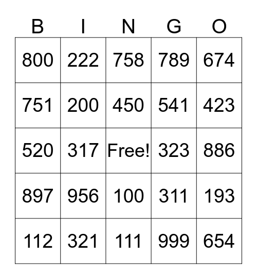 Numbers to one thousand Bingo Card