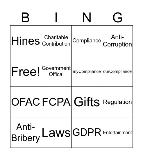 Hines Compliance Bingo Card