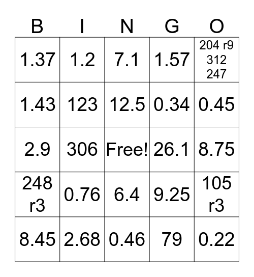 Division Bingo Card