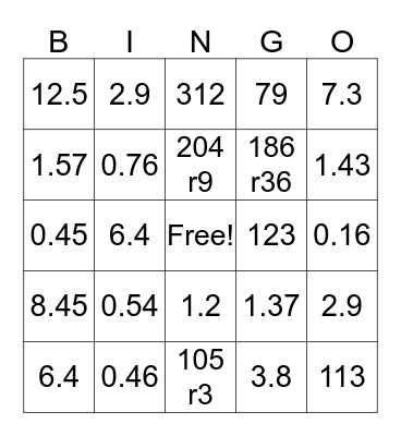 Division Bingo Card