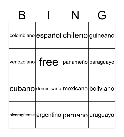 Nationalities Bingo Card