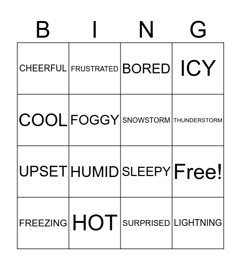 WEATHER AND FEELINGS Bingo Card