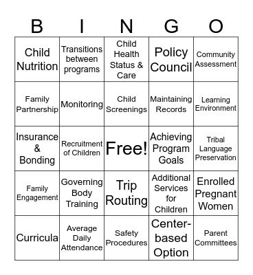 Head Start Program Performance Standards Bingo Card