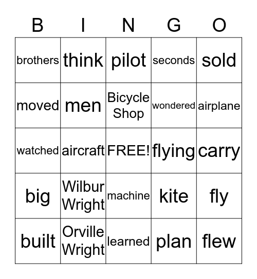 Wright Brothers Bingo Card