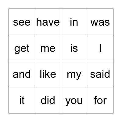 Sight Words 1 Bingo Card