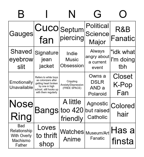 Midwest Latina Hipster Bingo Card