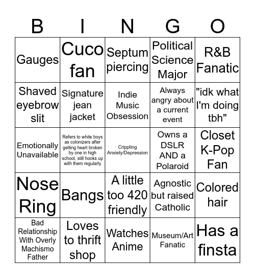Midwest Latina Hipster Bingo Card