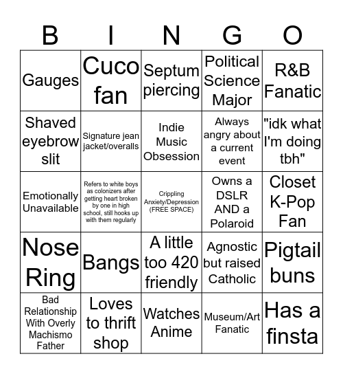 Midwest Latina Hipster Bingo Card