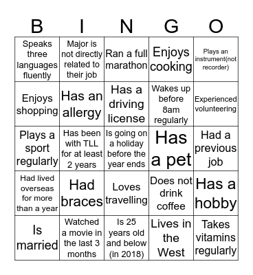 Getting to Know You! Bingo Card