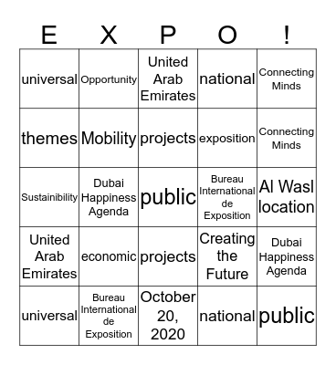Dubai Expo 2020 Bingo Card