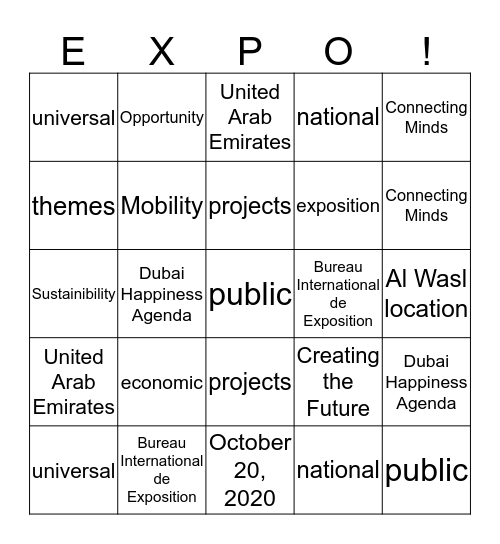 Dubai Expo 2020 Bingo Card