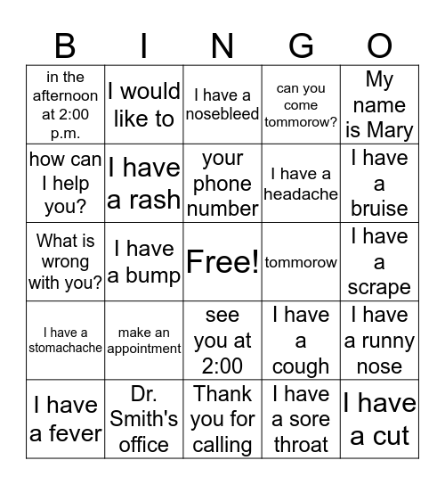 Making an appointment Bingo Card