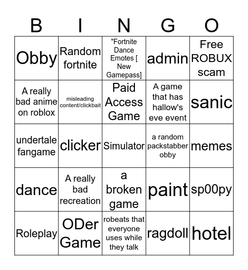 Untitled Bingo Card - packstabber roblox username