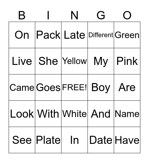 Sight Word Bingo Card