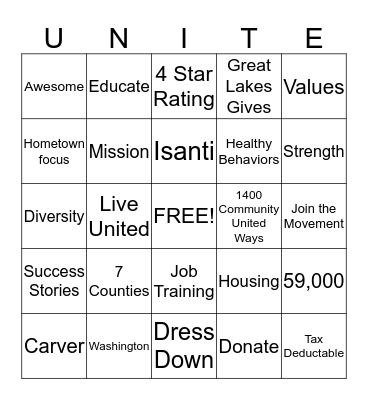 Unite for United Way Bingo Card