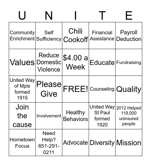 Unite For United Way Bingo Card
