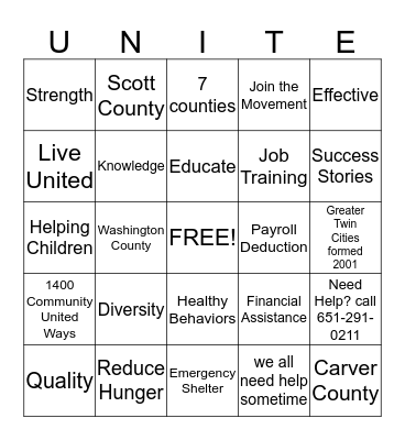 Unite for United Way Bingo Card