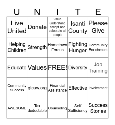 Unite For United Way Bingo Card