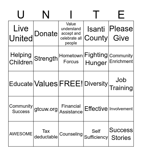 Unite For United Way Bingo Card