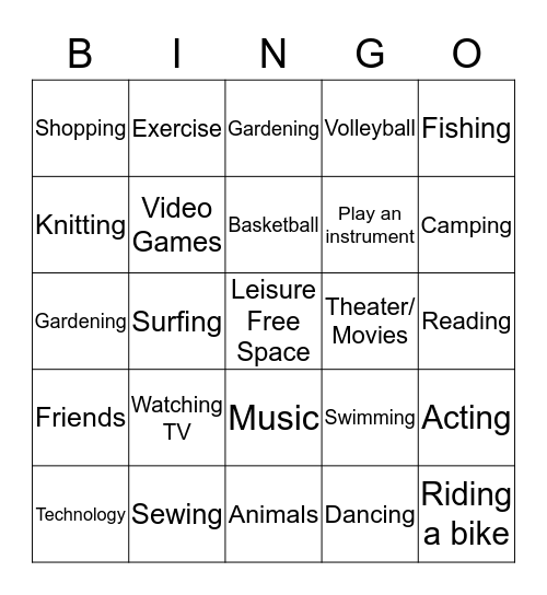 Leisure Education Bingo Card