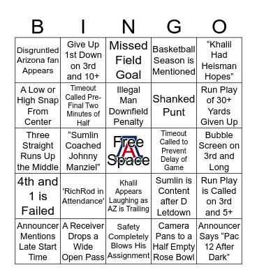 Arizona Football Bingo Card