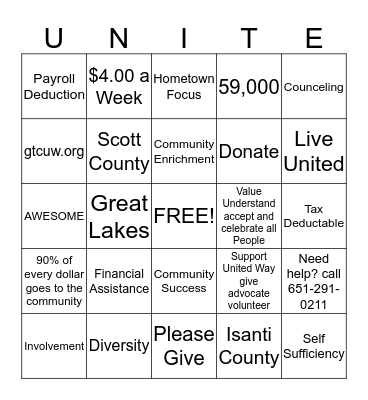 Unite For United Way Bingo Card