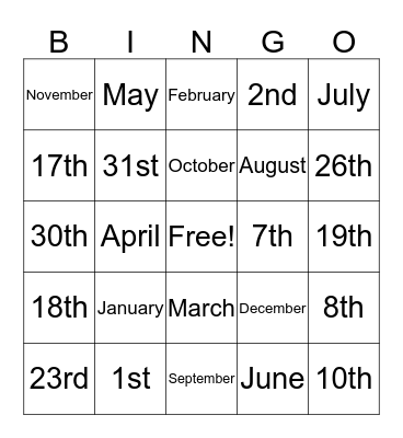 Months and Dates Bingo Card