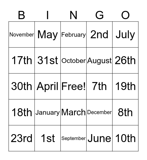 Months and Dates Bingo Card