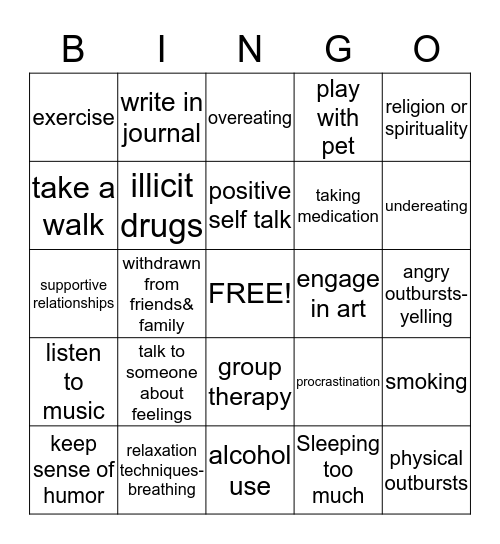 Stress Management Bingo Card