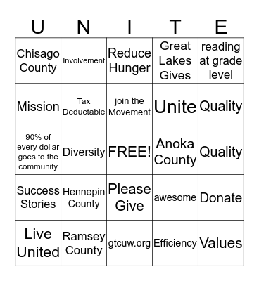 Unite for United Way Bingo Card