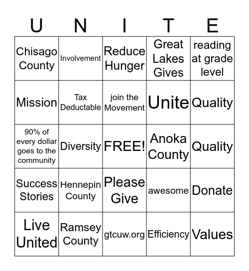 Unite for United Way Bingo Card