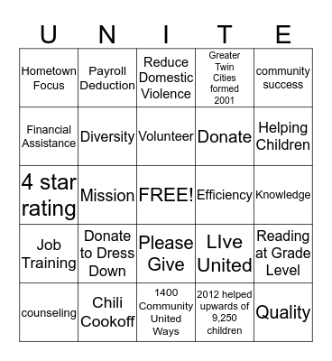 Unite for United Way Bingo Card