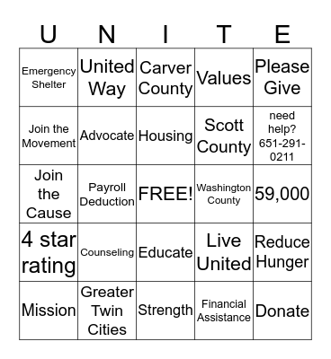 Unite for United Way Bingo Card