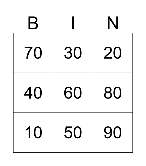 100! Bingo Card