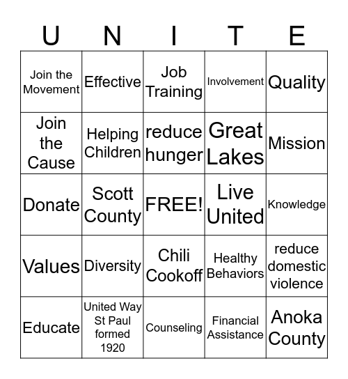 Unite For United Way Bingo Card