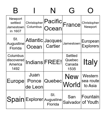 EXPLORERS Bingo Card