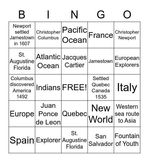 EXPLORERS Bingo Card