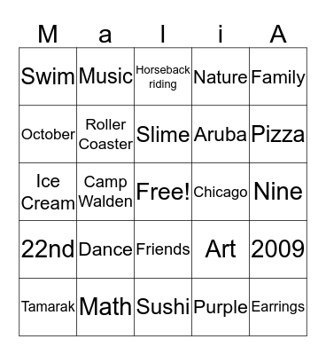 Malia's Favorite Things BINGO Card