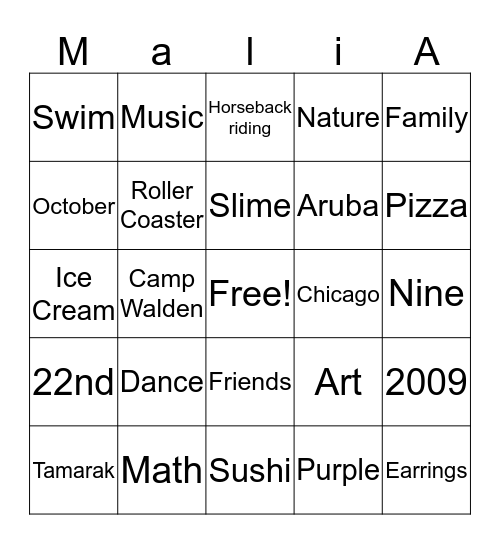 Malia's Favorite Things BINGO Card