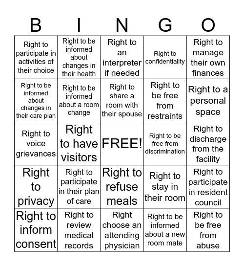 Resident Rights Bingo Card