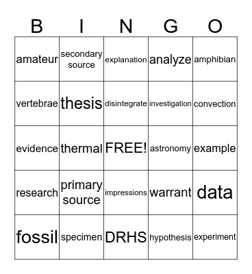 English and Science Bingo Card