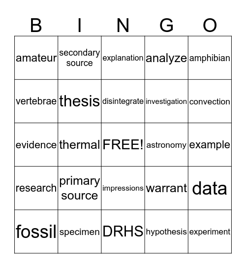 English and Science Bingo Card