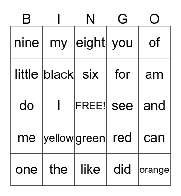 Sight Words Bingo Card