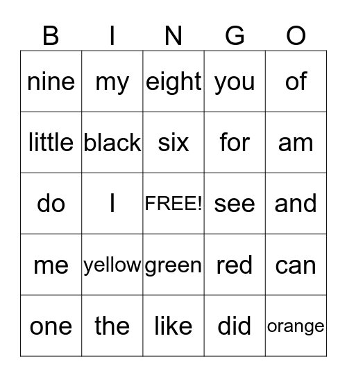 Sight Words Bingo Card