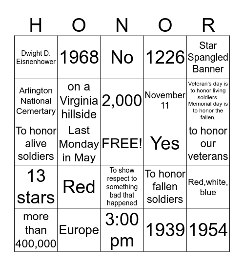 Veteran's day bingo Card