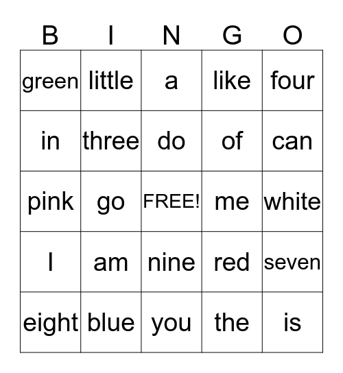 Sight Words Bingo Card