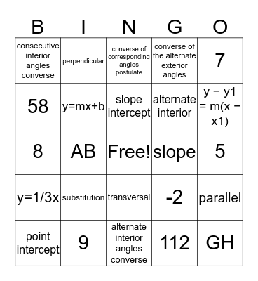 Geometry Chapter 3 Bingo Card