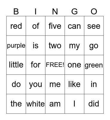Sight Words Bingo Card