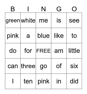 Sight Words Bingo Card