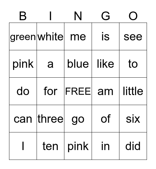 Sight Words Bingo Card